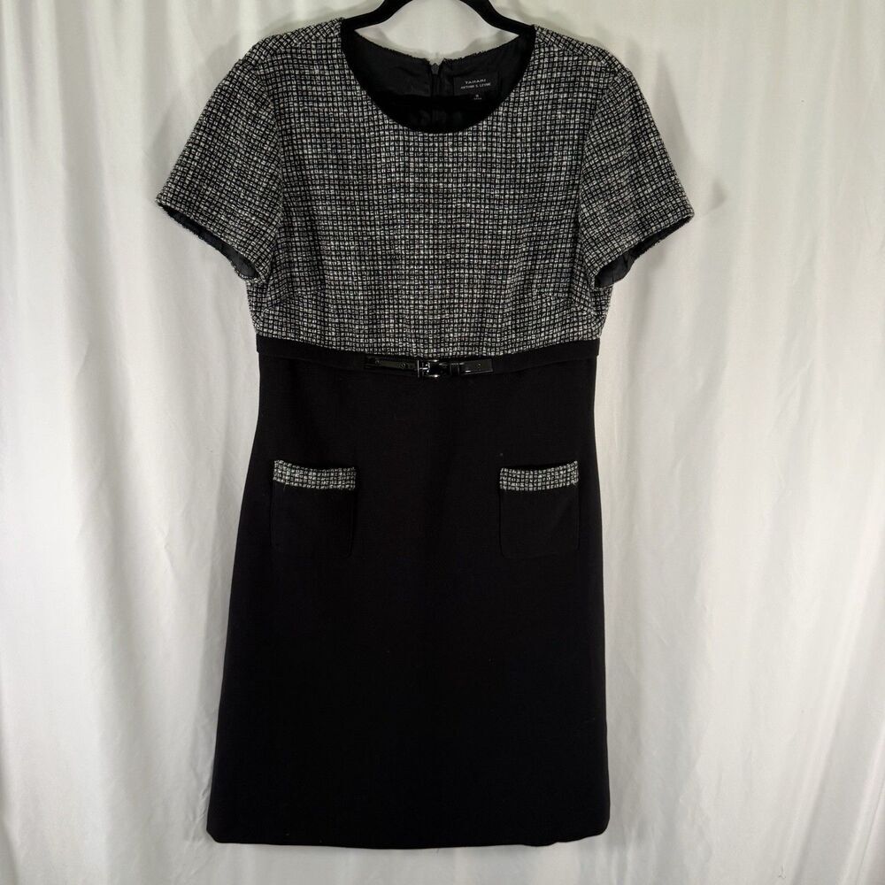 Tahari Arthur S Levine Knee Length Dress Women's 8 Black Tweed Short Sleeve